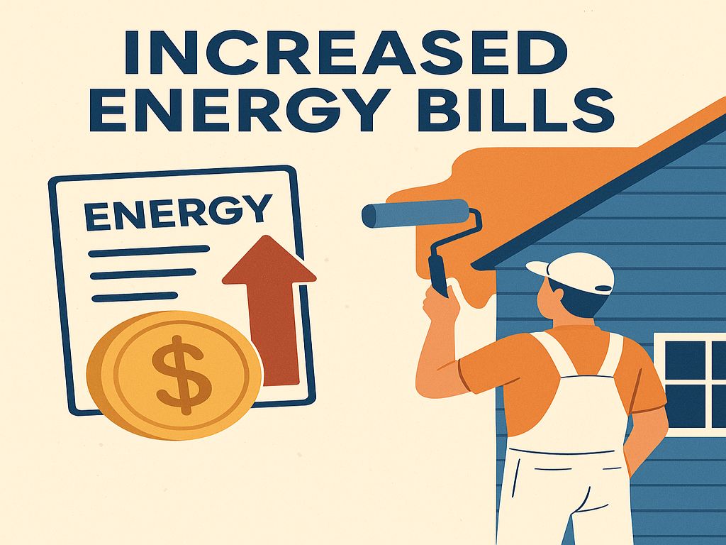 Illustration showing a worker painting a house with a roller, alongside an energy bill graphic with an upward arrow and a dollar coin, highlighting the impact of home maintenance on increased energy bills.