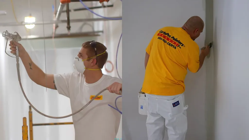 A split image showing two painters: on the left, a person in a white shirt and mask uses a spray gun in a room with pipes and equipment; on the right, a person in a yellow CertaPro Painters shirt and white pants paints a wall with a roller.
