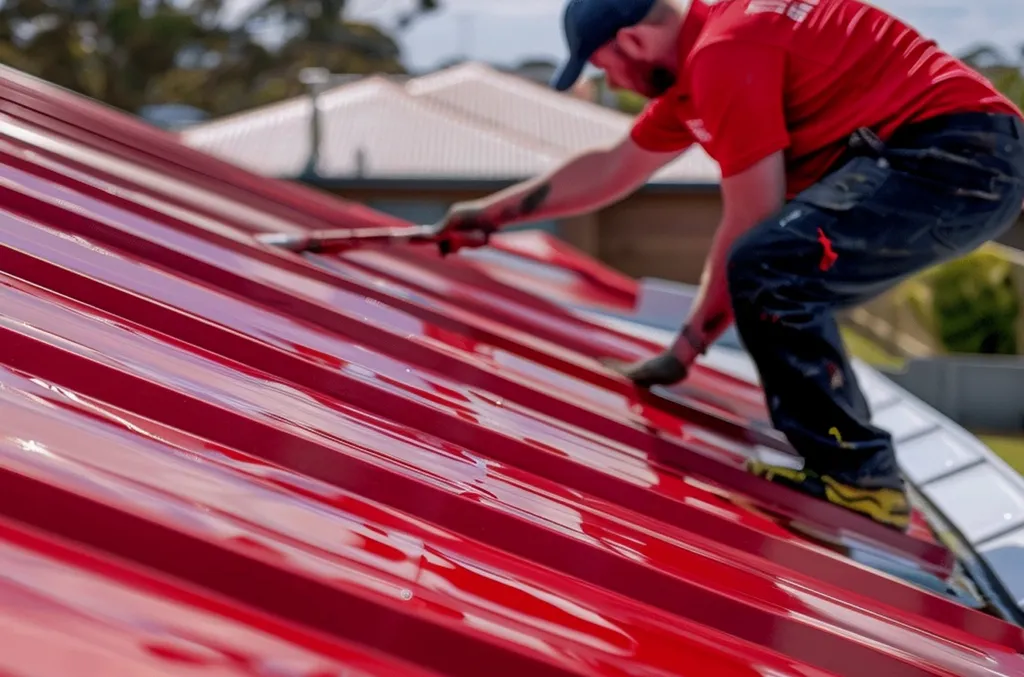 A roofer wearing a red shirt, blue cap, and black pants uses a brush to apply red paint to a metal roof. The background shows neighboring houses and trees under a clear sky.