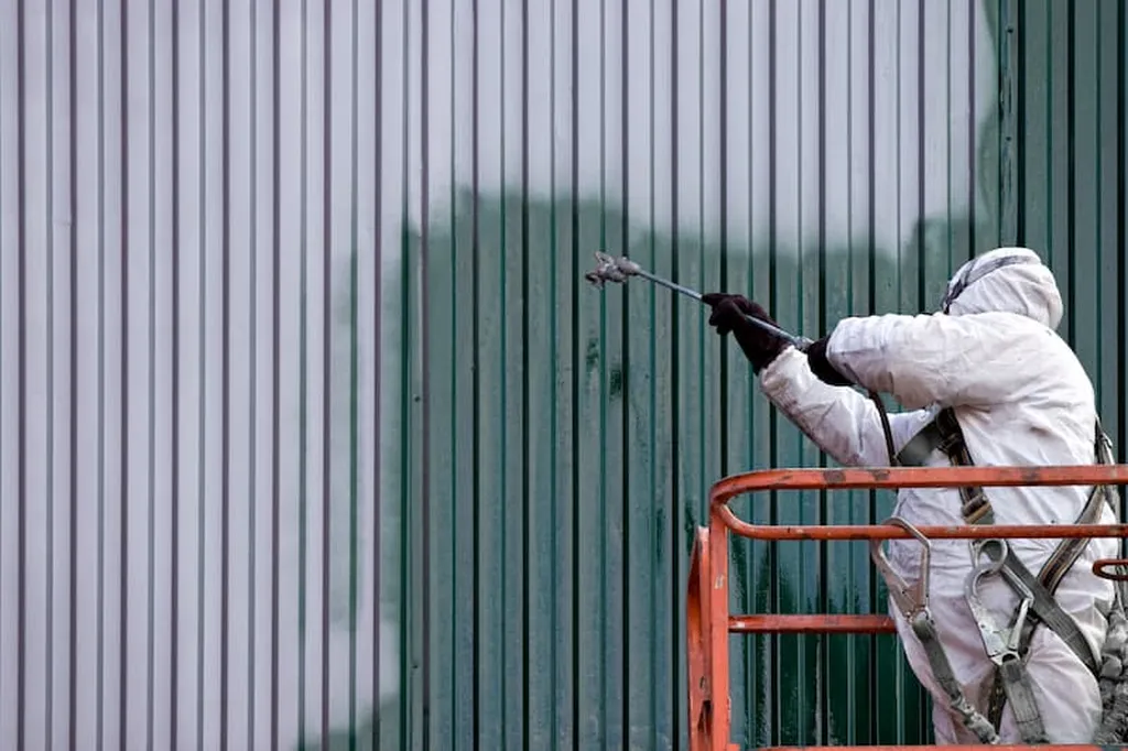A person in a white protective suit and safety harness stands on an orange lift, using a spray gun to paint a metal wall green, with part of the wall still unpainted.