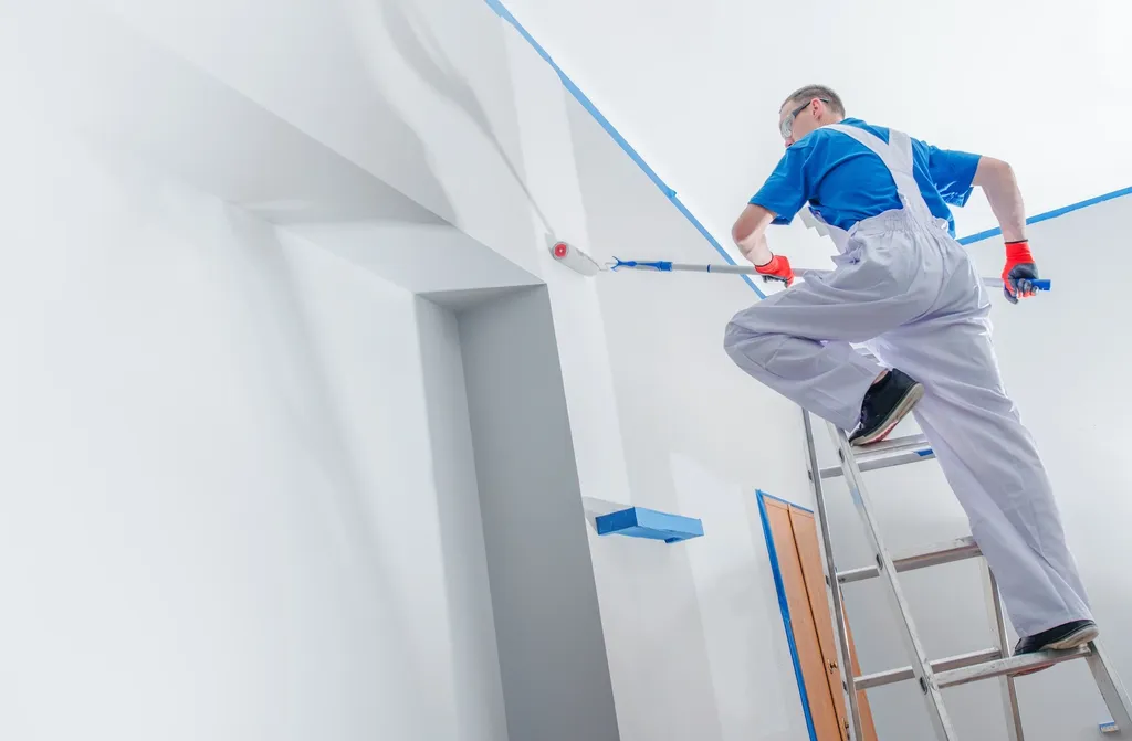 A person in a blue shirt, white overalls, and red gloves stands on a ladder, painting a white wall with a roller in a room with blue painter's tape on the edges and a wooden door in the background.