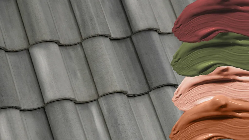 An image showing gray roof tiles on the left, with four vertical paint swatches on the right in shades of red, green, peach, and brown, representing color options for painting the tiles.
