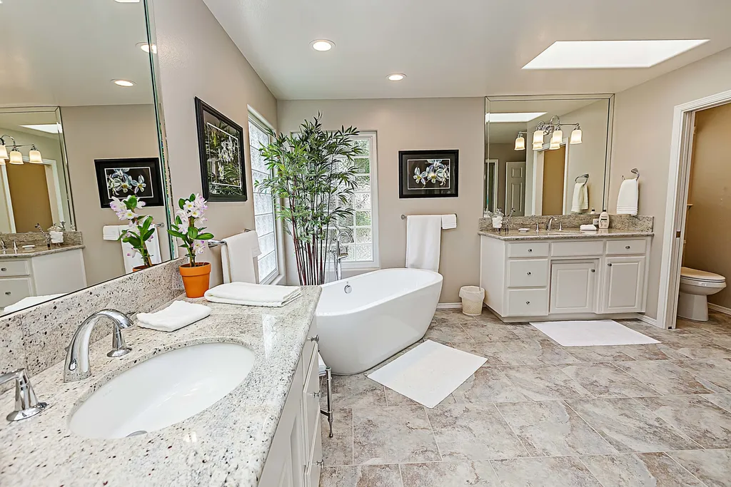 A well-lit bathroom featuring a white freestanding bathtub, a double vanity with a granite countertop, and a large mirror. A skylight and large window with glass blocks bring in natural light.