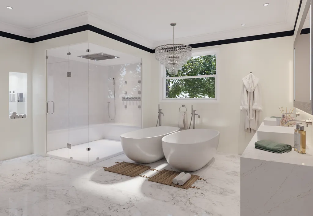 Modern luxury bathroom with two freestanding bathtubs, glass shower enclosure, marble floor, and chandelier