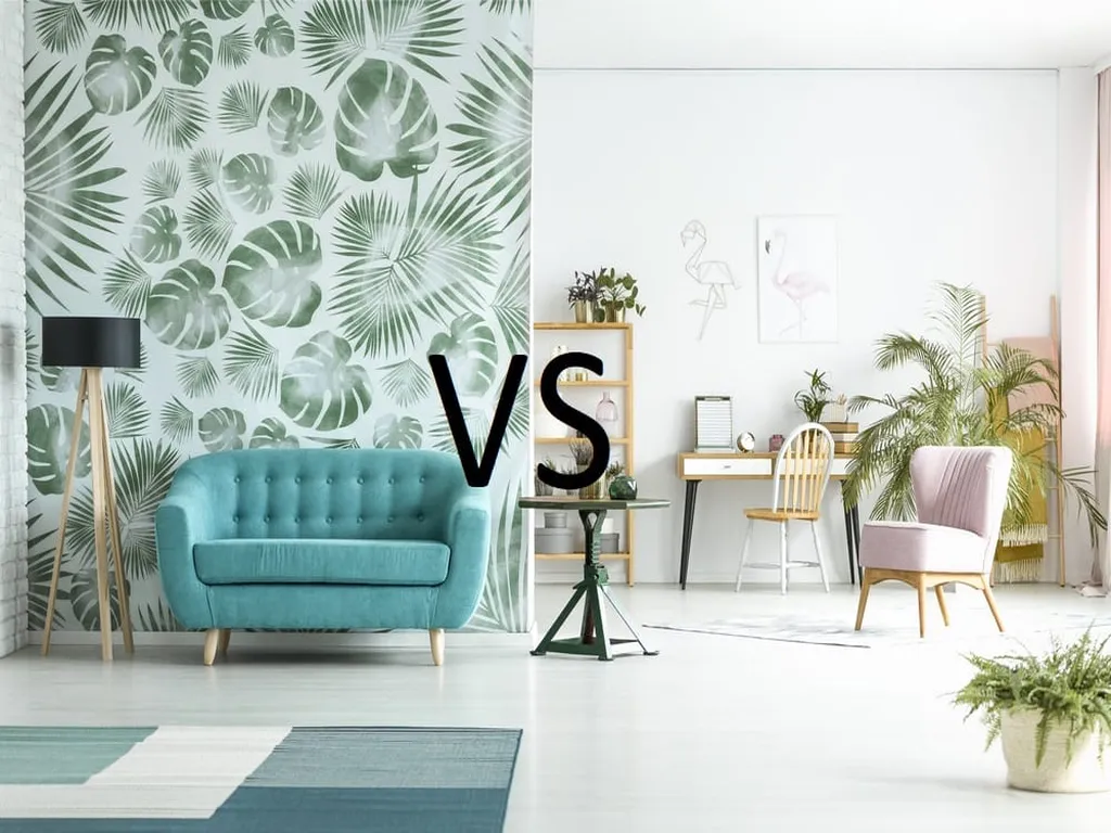 A side-by-side comparison of two room designs: on the left, a room with tropical leaf wallpaper, a teal sofa, and a black floor lamp; on the right, a room with light pink painted walls, a wooden desk, a white chair, a pink armchair, and several potted plants.