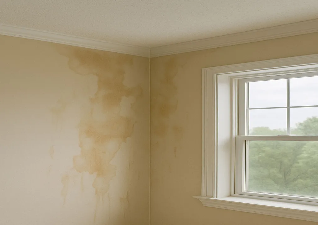 An interior corner of a room with beige walls showing water stains and discoloration, next to a window with a white frame and a view of green trees outside.