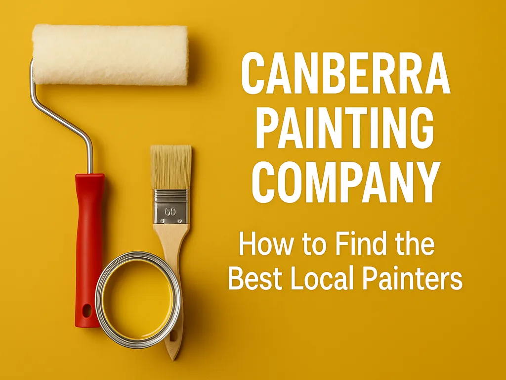 A yellow background featuring a paint roller, brush, and an open can of yellow paint, with the text "Canberra Painting Company: How to Find the Best Local Painters" overlaid.