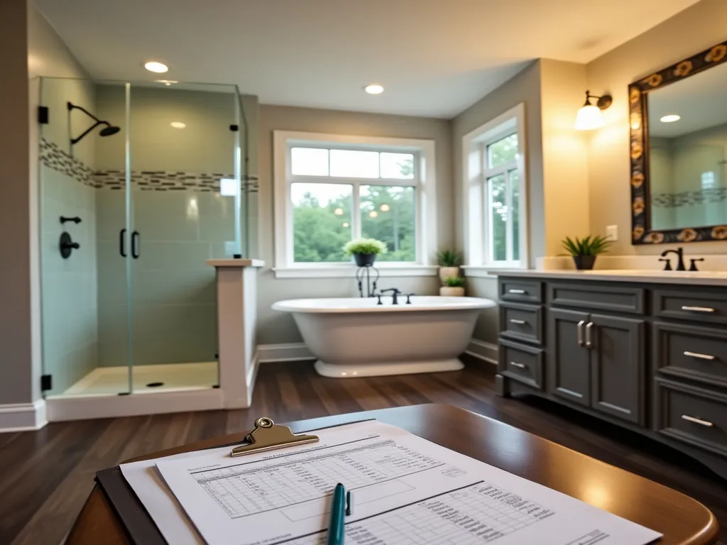 A modern bathroom with a freestanding bathtub, glass shower, dark vanity, and large windows, featuring a clipboard with documents and a pen on a wooden table in the foreground.