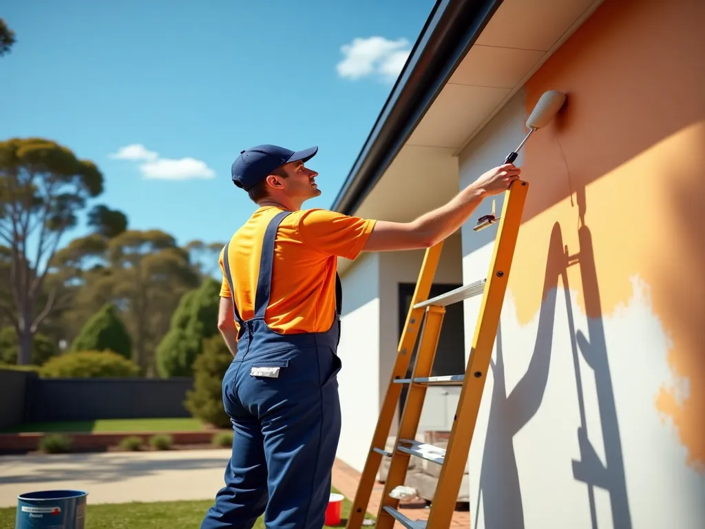 A worker in an orange uniform painting the exterior wall of a house in Canberra using a roller from a yellow ladder, with a clear blue sky and green trees in the background.