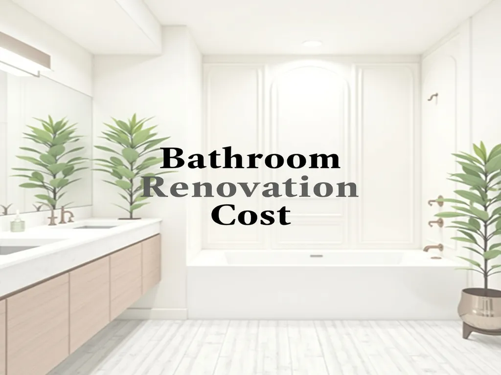 A minimalist bathroom with a bathtub, dual vanity with wooden cabinets, large mirror, and potted plants, featuring the text "Bathroom Renovation Cost" overlaid.