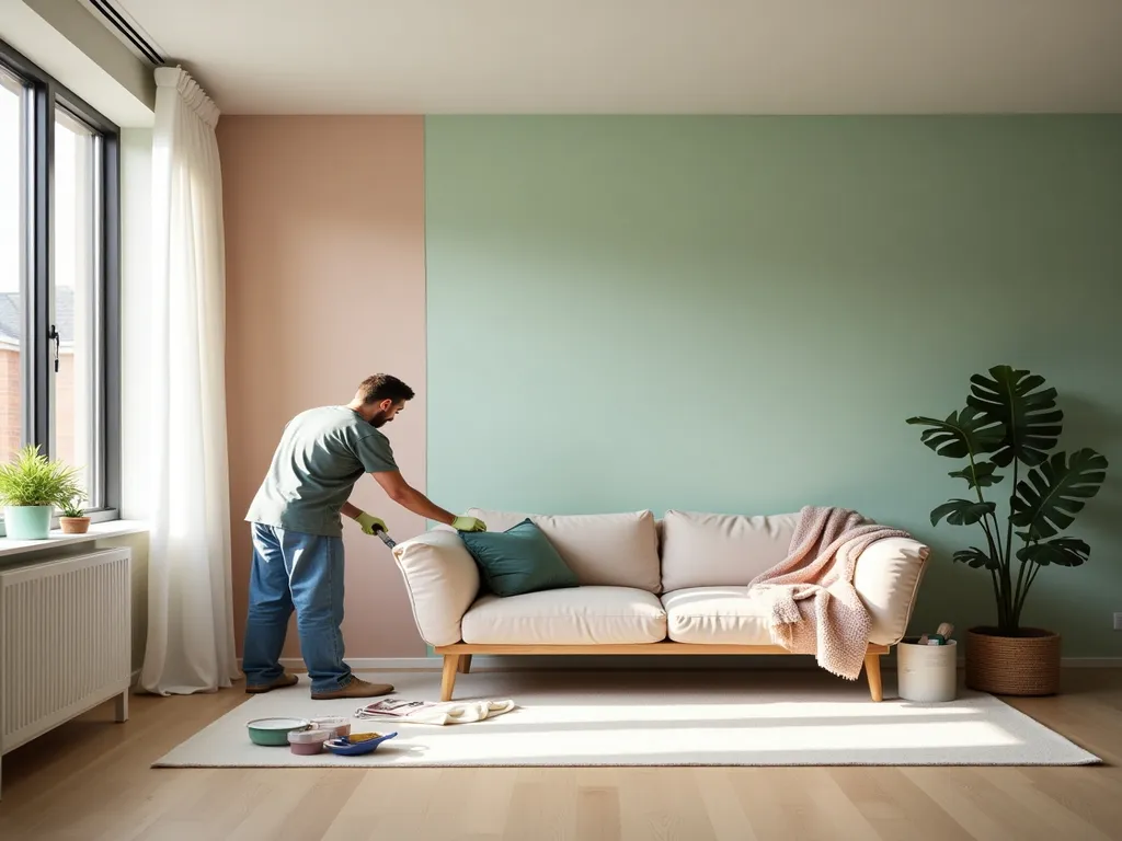 A person arranging a green cushion on a beige sofa in a modern living room with a pastel green and pink wall, large windows, potted plants, and wooden flooring.