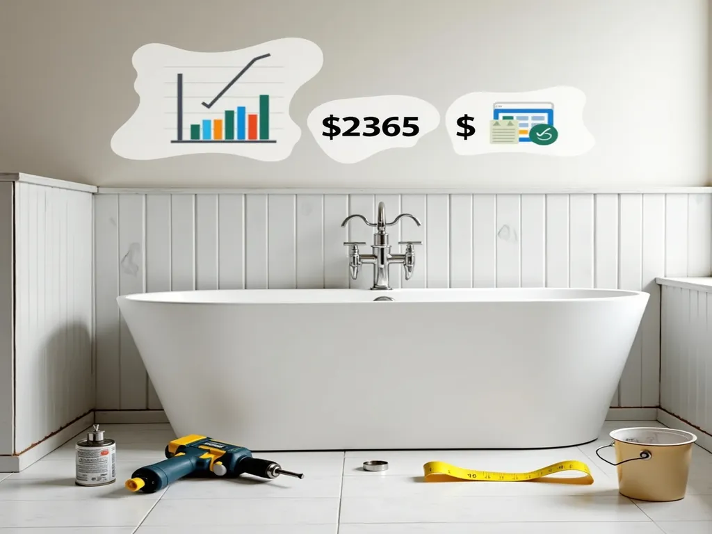 A bathroom under renovation with a freestanding bathtub, construction tools like a drill and measuring tape on the floor, and graphics showing a chart, the text "$2365," and digital planning icons.