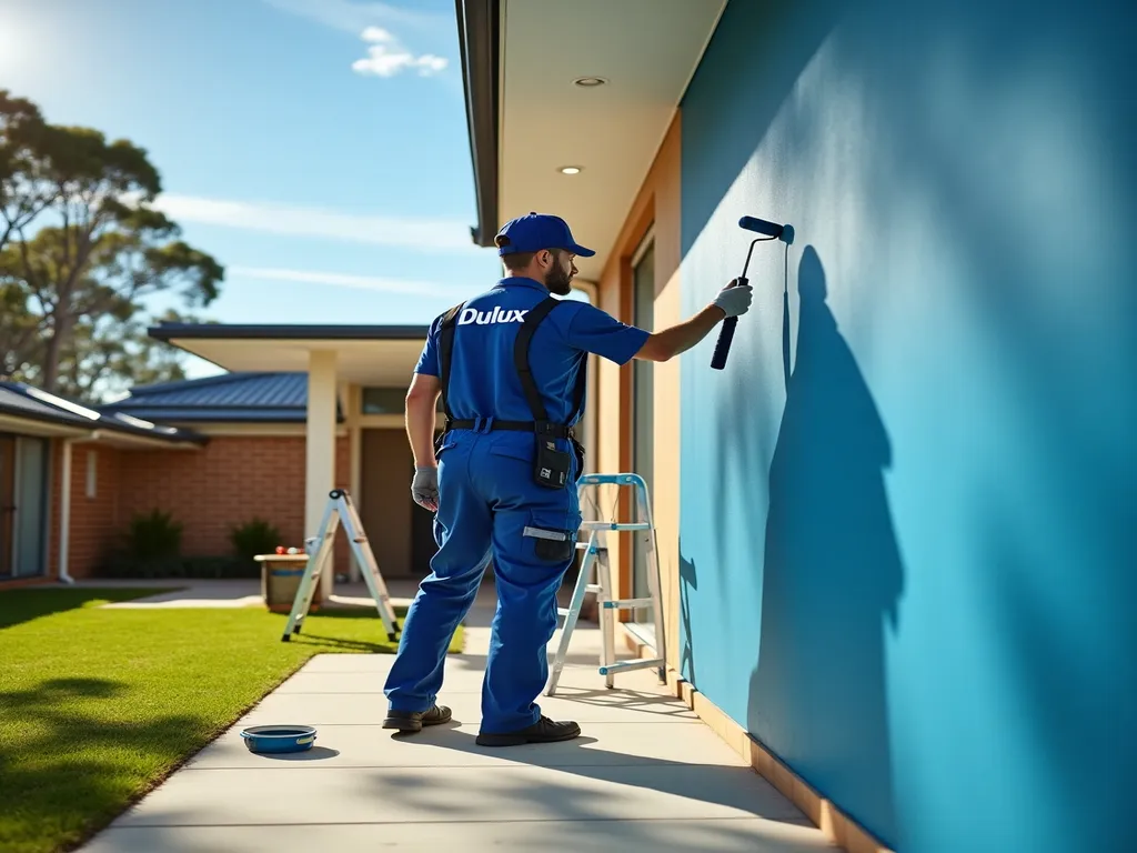 A Dulux worker in a blue uniform painting a house exterior in Canberra with a roller, using a ladder on a sunny day with a clear blue sky and green lawn in the background.