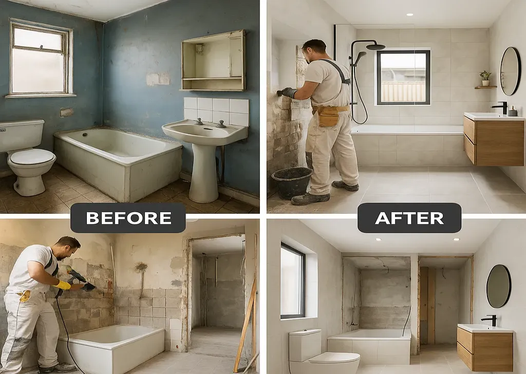 Four-image collage showing a bathroom renovation: the "Before" image with an old bathtub, toilet, and sink; a worker demolishing tiles during renovation; the "After" image of a modern bathroom with a new bathtub, shower, and wooden vanity;