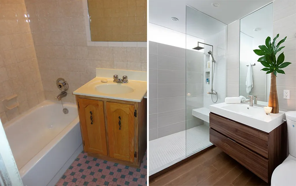 Side-by-side comparison of a bathroom before and after renovation: the "Before" image shows an old bathtub, wooden vanity with a sink, and pink-green patterned floor tiles; the "After" image features a modern bathroom with a glass-enclosed walk-in shower
