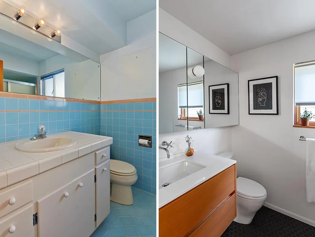 Side-by-side comparison of a bathroom vanity before and after renovation: the "Before" image shows a white vanity with a sink, blue tiled walls, and a toilet; the "After" image features a modern wooden vanity with a white sink, white walls, black hexagonal floor tiles, and decorative elements like framed art and a small vase.