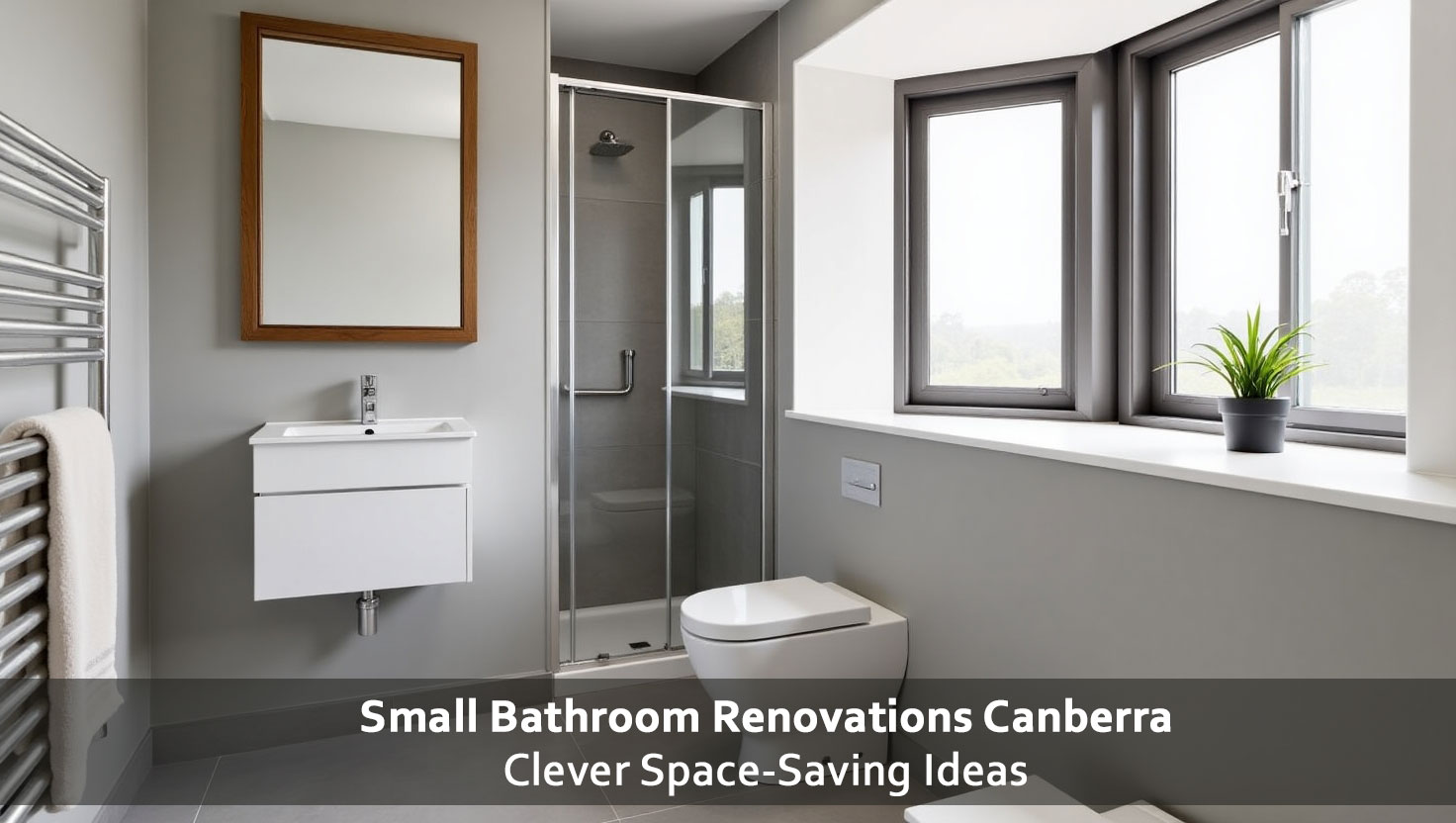 Modern small bathroom renovation in Canberra featuring a glass shower, floating vanity, and corner windows with natural light.