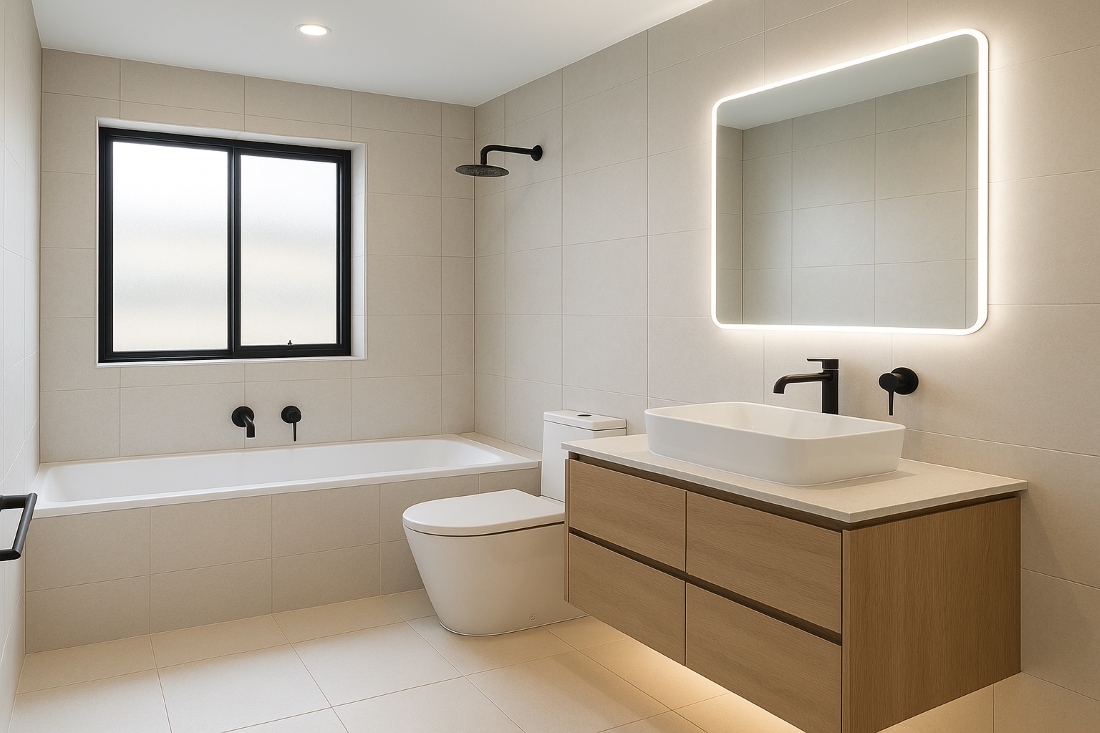Stylish modern bathroom in Canberra featuring layered LED lighting