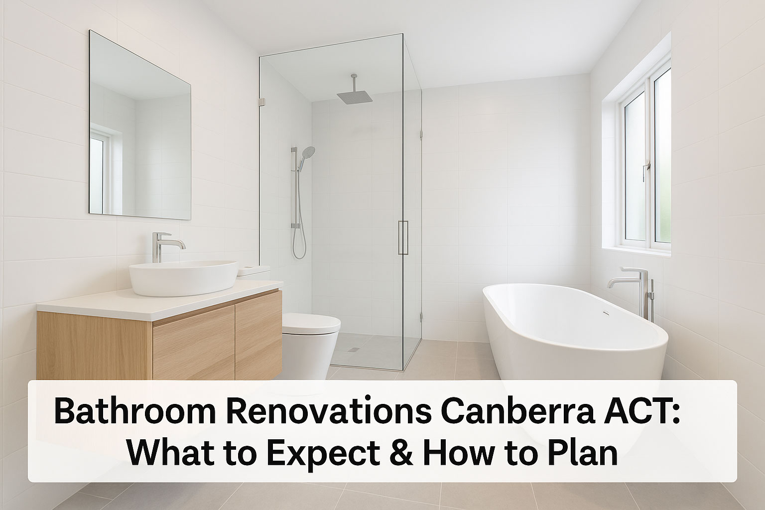 Modern bathroom with freestanding tub, walk-in shower, and overlay text “Bathroom Renovations Canberra ACT: What to Expect & How to Plan”