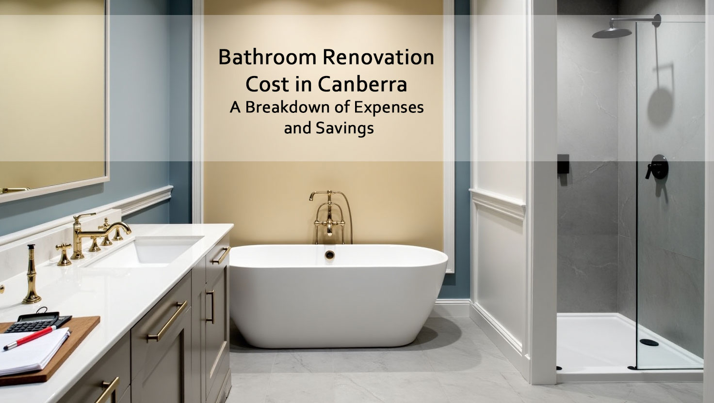 Modern bathroom renovation in Canberra featuring freestanding bathtub, walk-in shower, and double vanity