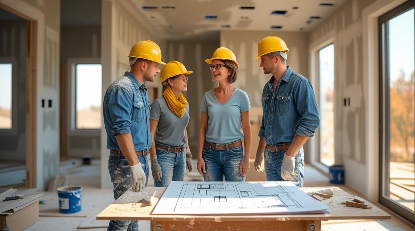 Construction workers and a designer discussing blueprints on a plastering and painting project in Canberra.