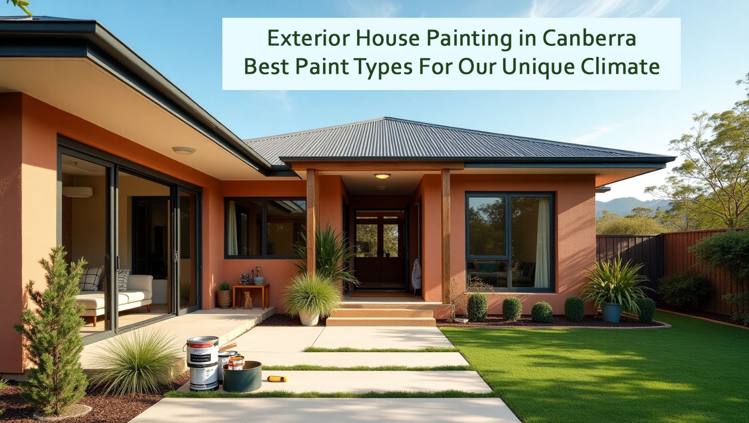 Modern exterior house freshly painted in Canberra, showing paint cans and tools on the lawn, ideal for showcasing local house painting services.