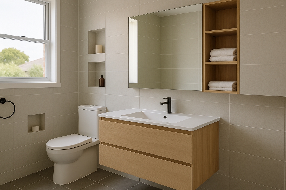 a small bathroom renovation in Canberra showing improved storage