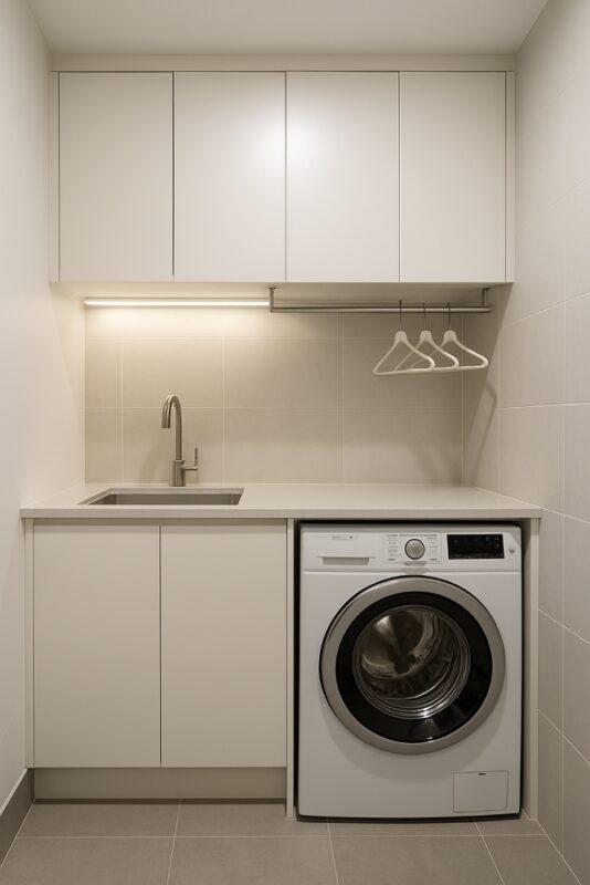 Small laundry renovation in Queanbeyan with storage and updated layout