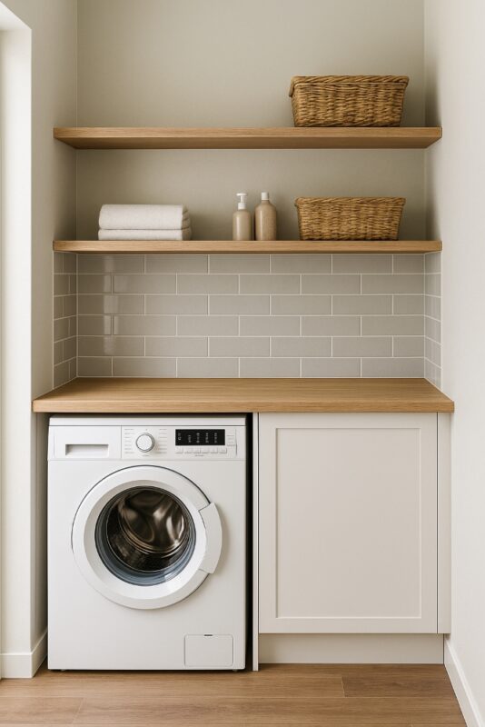 Small laundry renovation in Canberra with storage and updated layout