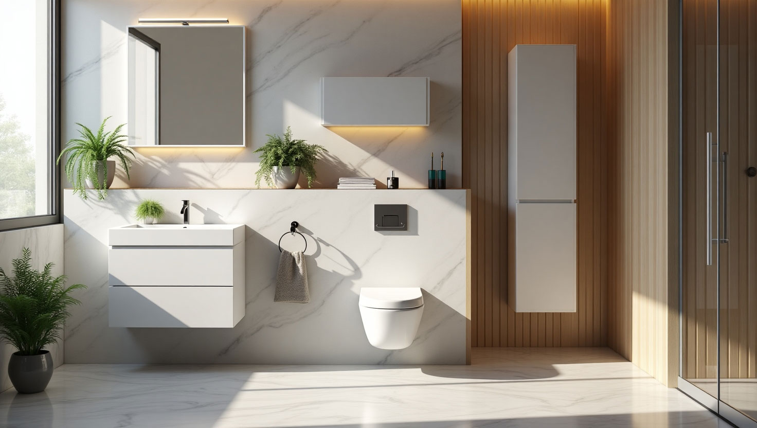 Modern bathroom with wall-mounted toilet and vanity, creating a spacious and clean look.