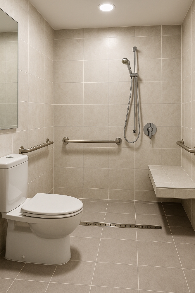 Accessible bathroom design Canberra with open layout and safety features