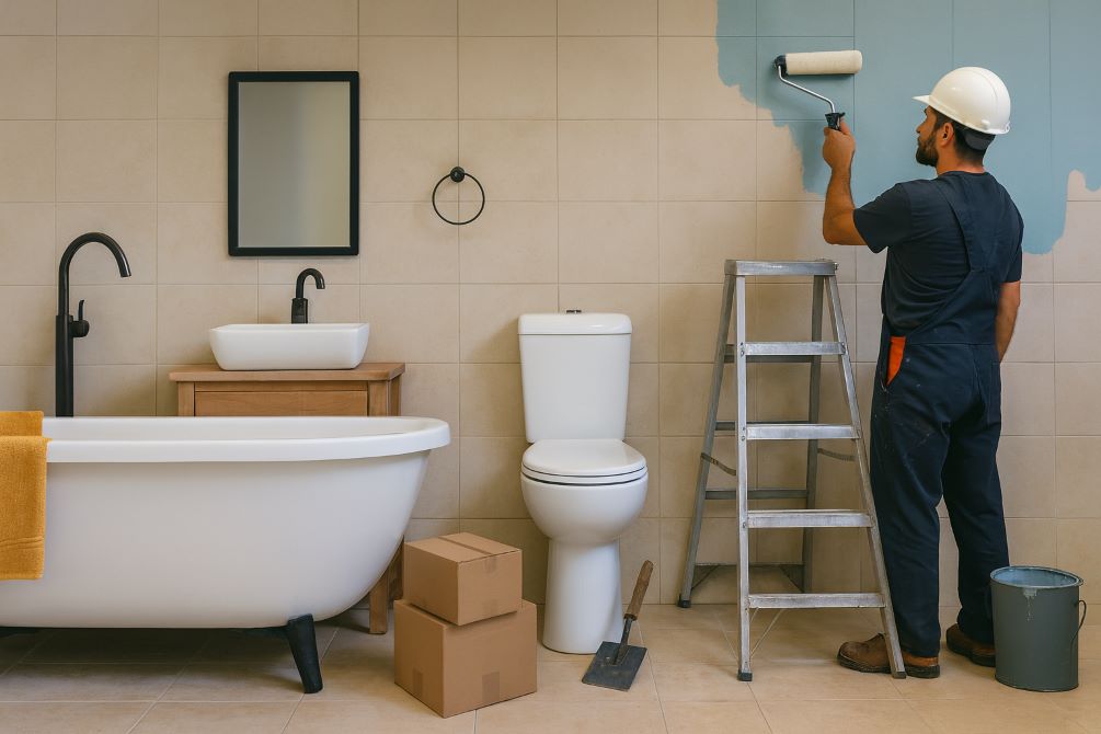 Alt Text: Illustration showing stages of a bathroom renovation project in Canberra