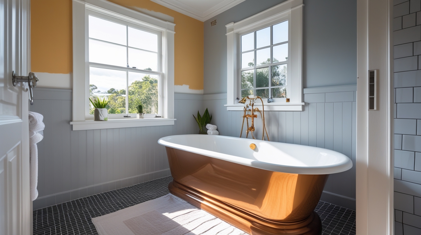 Bathtub with painted window trim in renovated Canberra bathroom