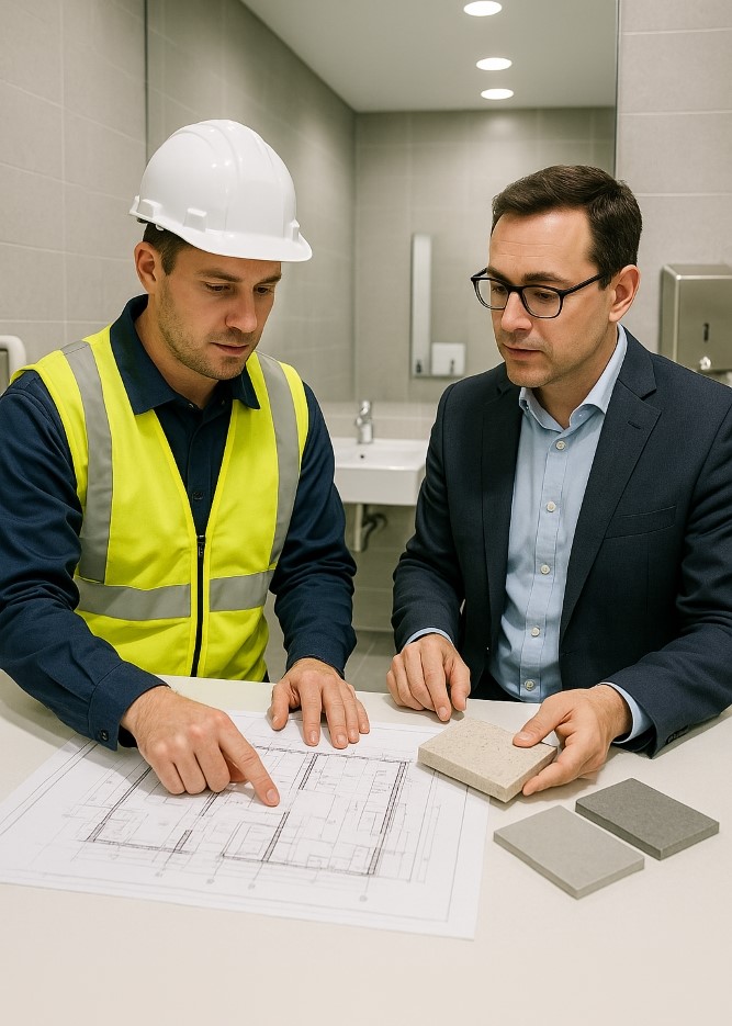 Commercial bathroom renovation consultation with contractor and business owner in Canberra office