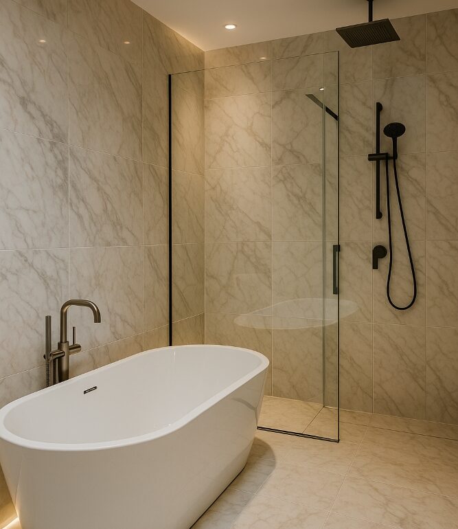 Luxury bathroom services Canberra with marble and rain shower