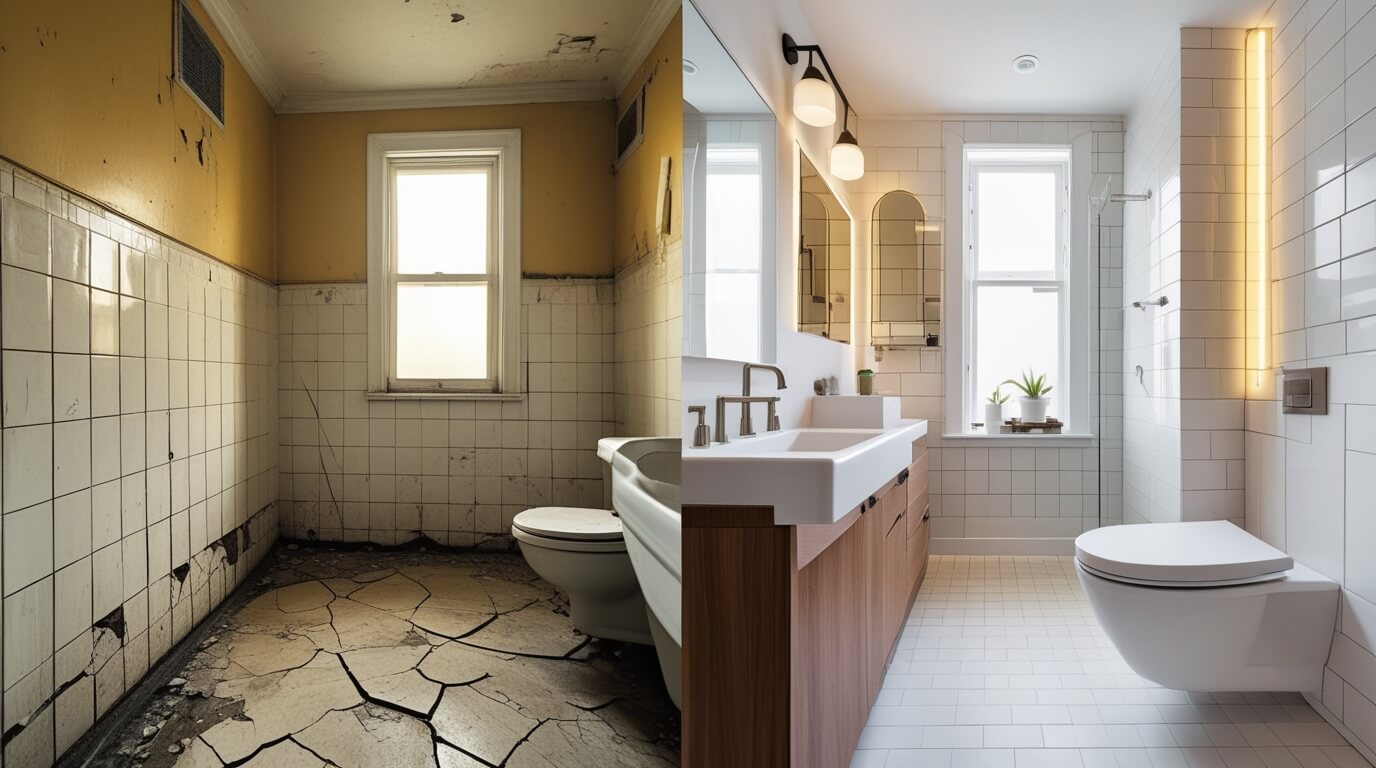 Side-by-side of old bathroom and modern budget-friendly version