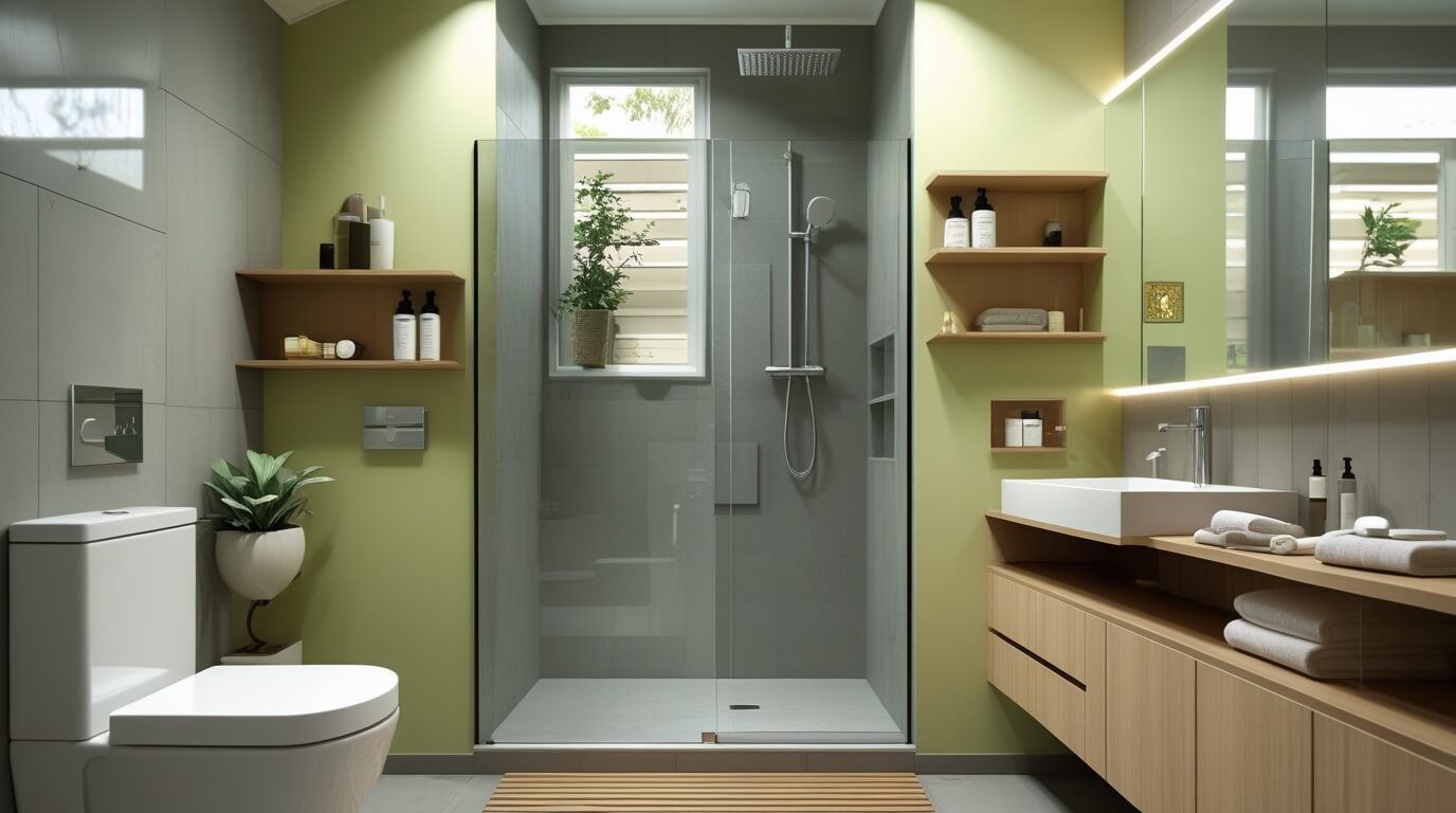 Compact Canberra bathroom with walk-in glass shower and smart shelves