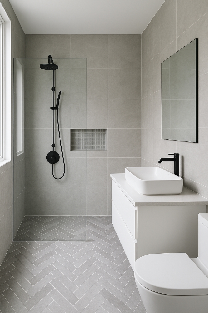 Modern bathroom tiling ideas in Canberra with mosaic and herringbone patterns
