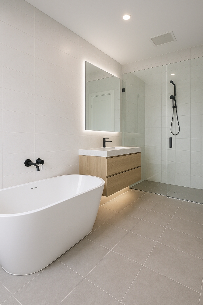Modern custom bathroom in Canberra with freestanding tub and floating vanity
