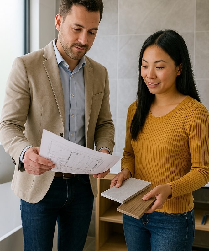 Custom bathroom renovation consultation in Canberra with designer and homeowner
