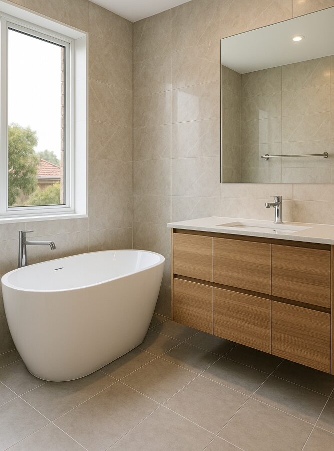 Custom bathroom renovation in Canberra with freestanding tub and modern vanity