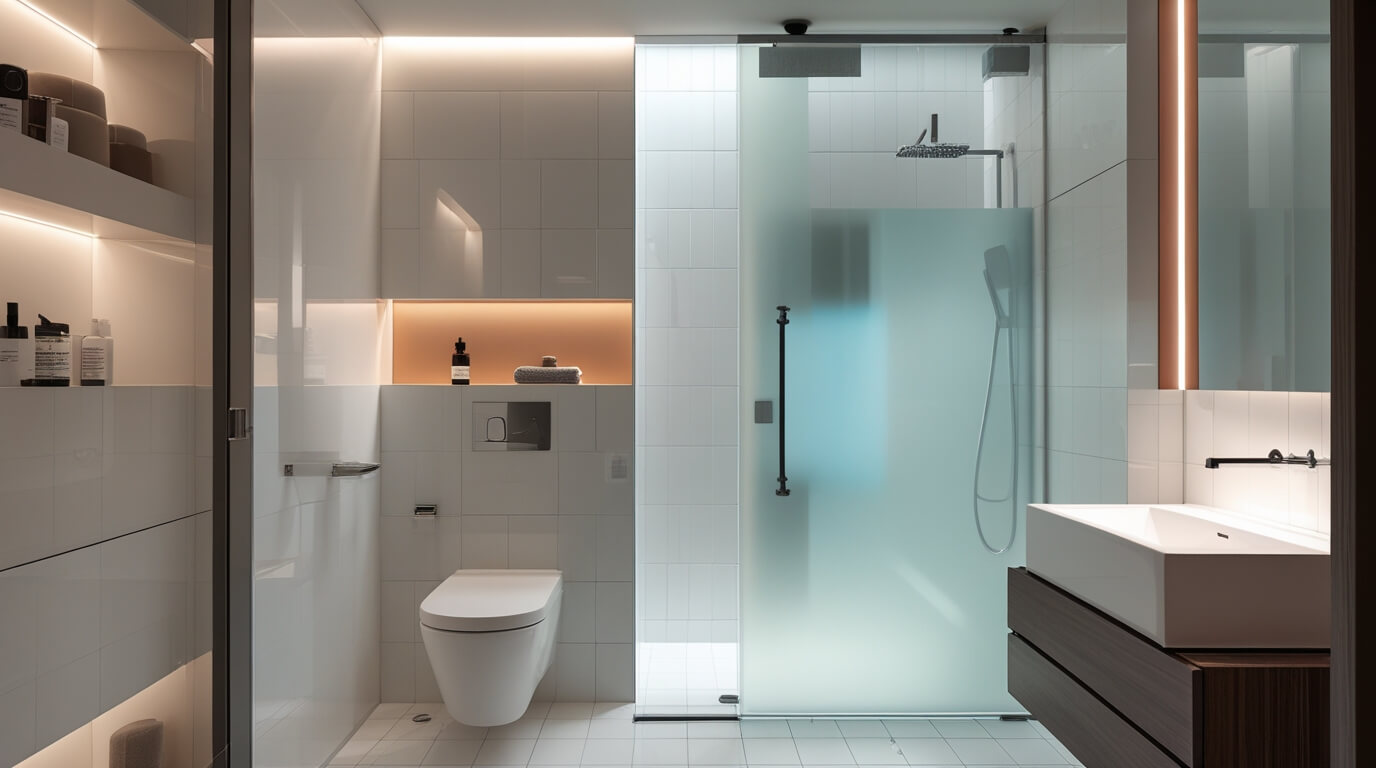 Glass shower screen with white tiled bathroom design