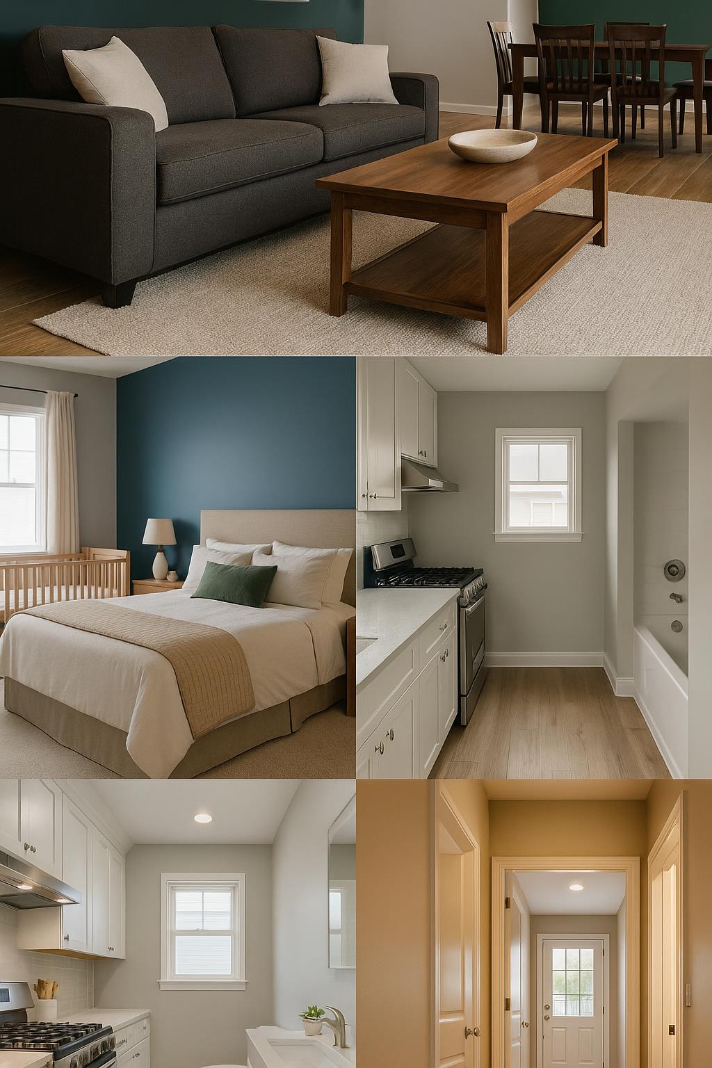 A collage of real interior photos showing living room, bedroom, kitchen, and hallway with professional painting finishes.