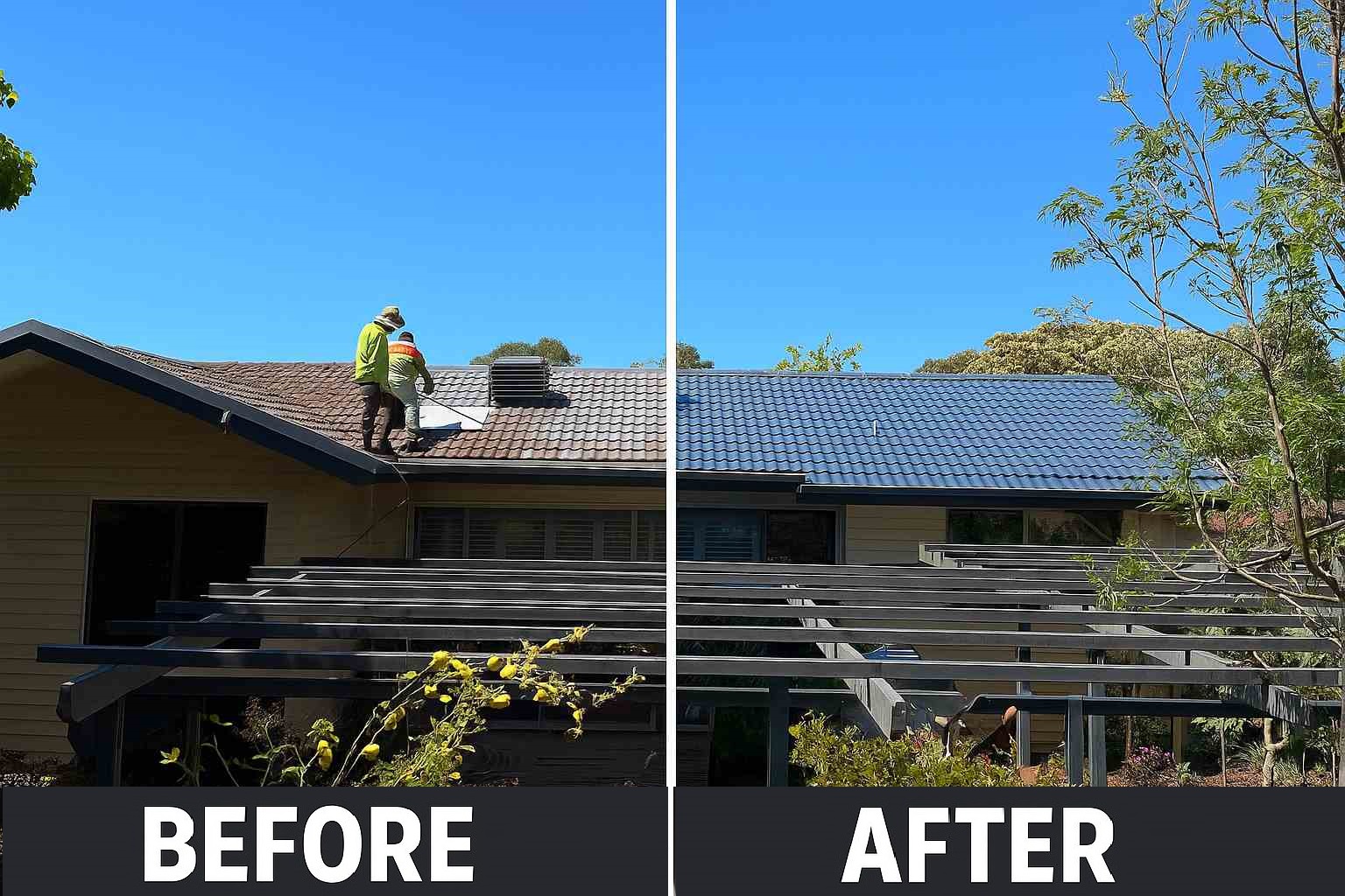Side-by-side comparison of a tiled roof before and after professional roof painting in Fadden, Canberra