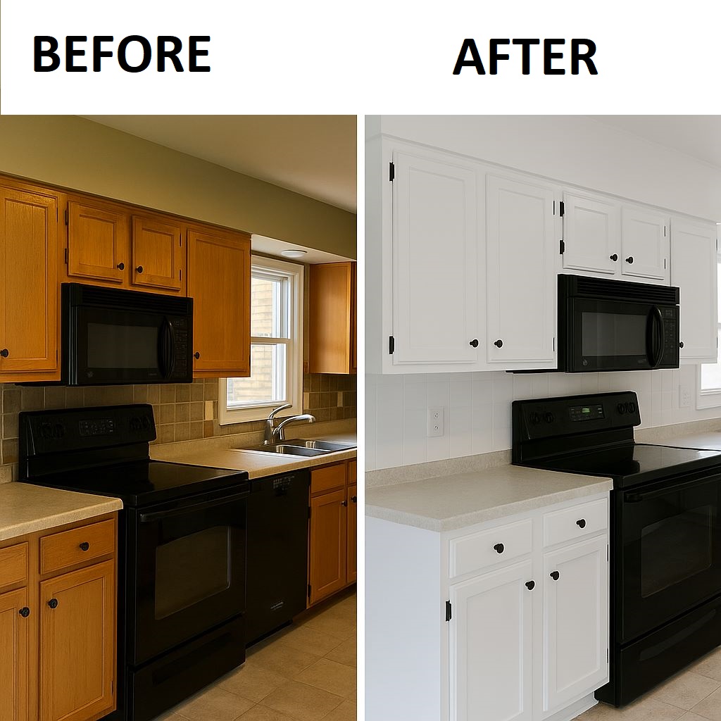 before and after comparison of a kitchen wall painting showing transformation from dull to fresh modern finish