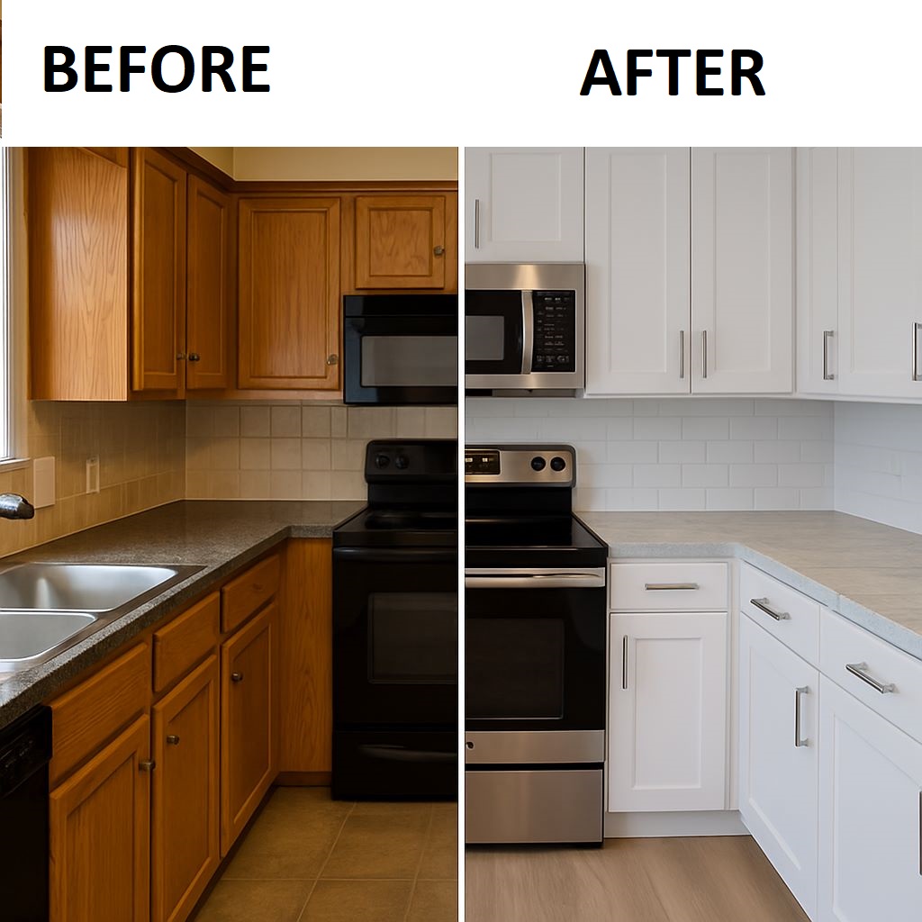 A before and after comparison of a kitchen painting project in Canberra showing the transformation from old cabinets to a fresh modern finish.