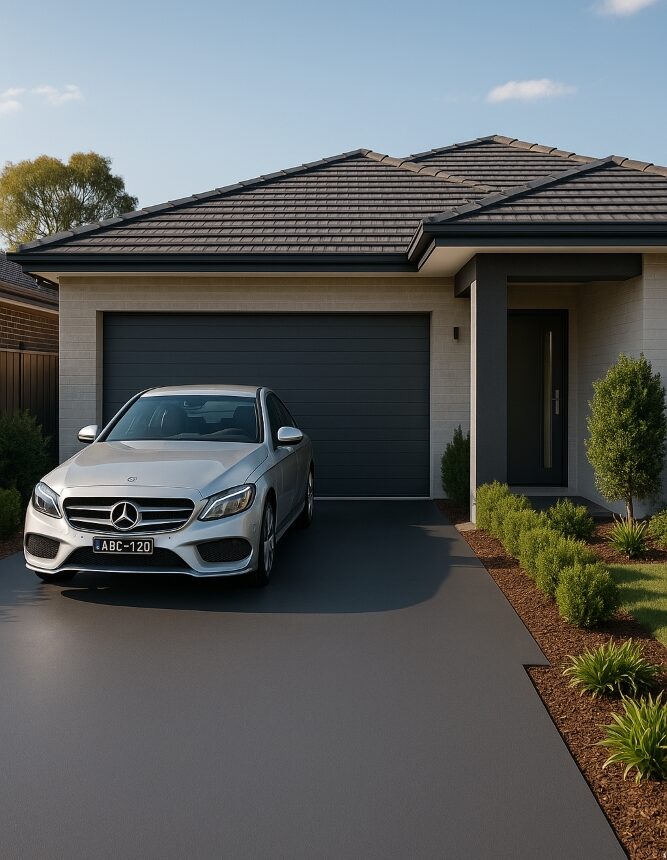 Freshly painted charcoal grey driveway in Canberra suburban home.