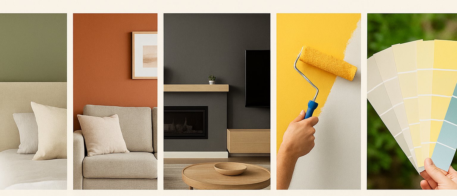 horizontal infographic showing key benefits of feature wall painting including style, atmosphere, focal points, cost savings, durability, and design versatility