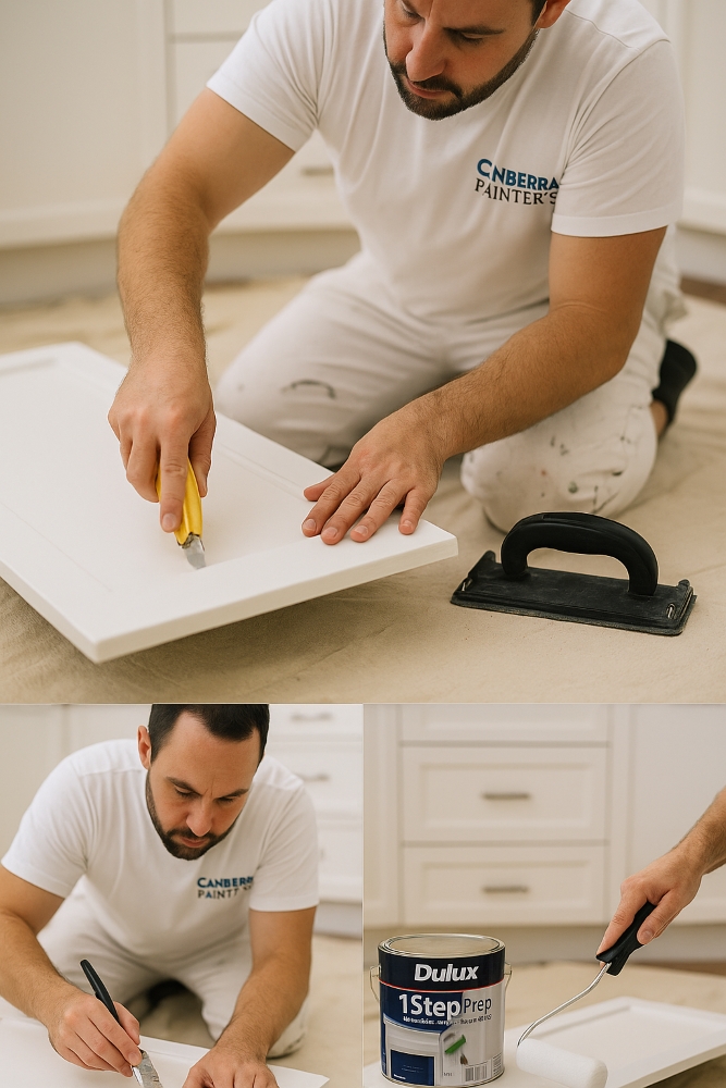 Painter preparing and painting cupboard doors in Canberra