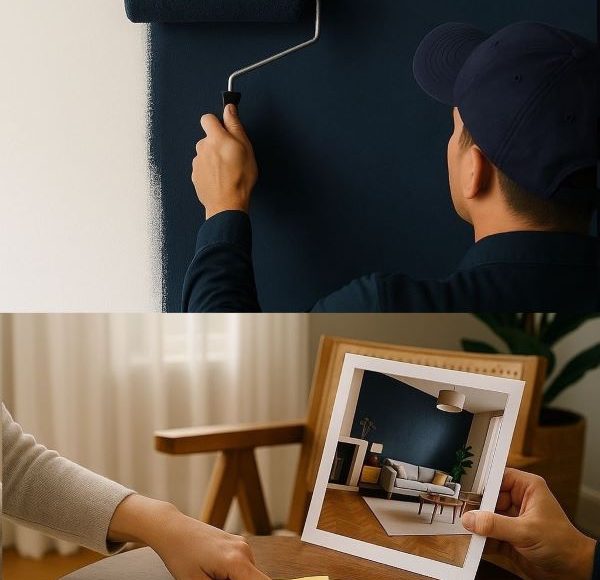 Vertical collage showing premium interior paints and a personalised design consultation for feature wall painting.